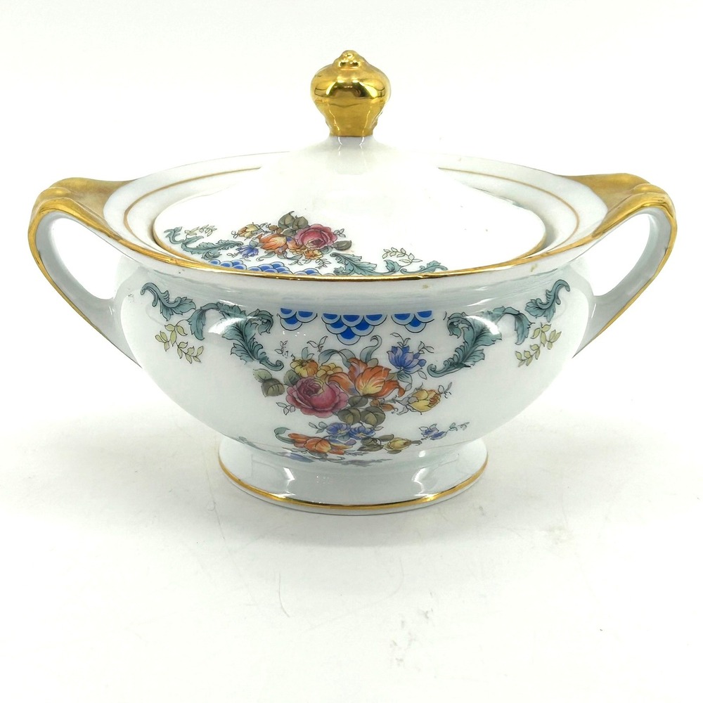 Royal Bayreuth Bavaria Franklin Floral Sugar Bowl with Lid Gold Trim White
